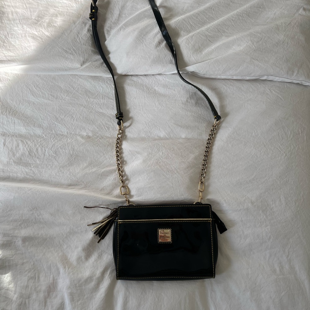 Dooney & Bourke Black Patent Leather Crossbody Bag with Gold Chain